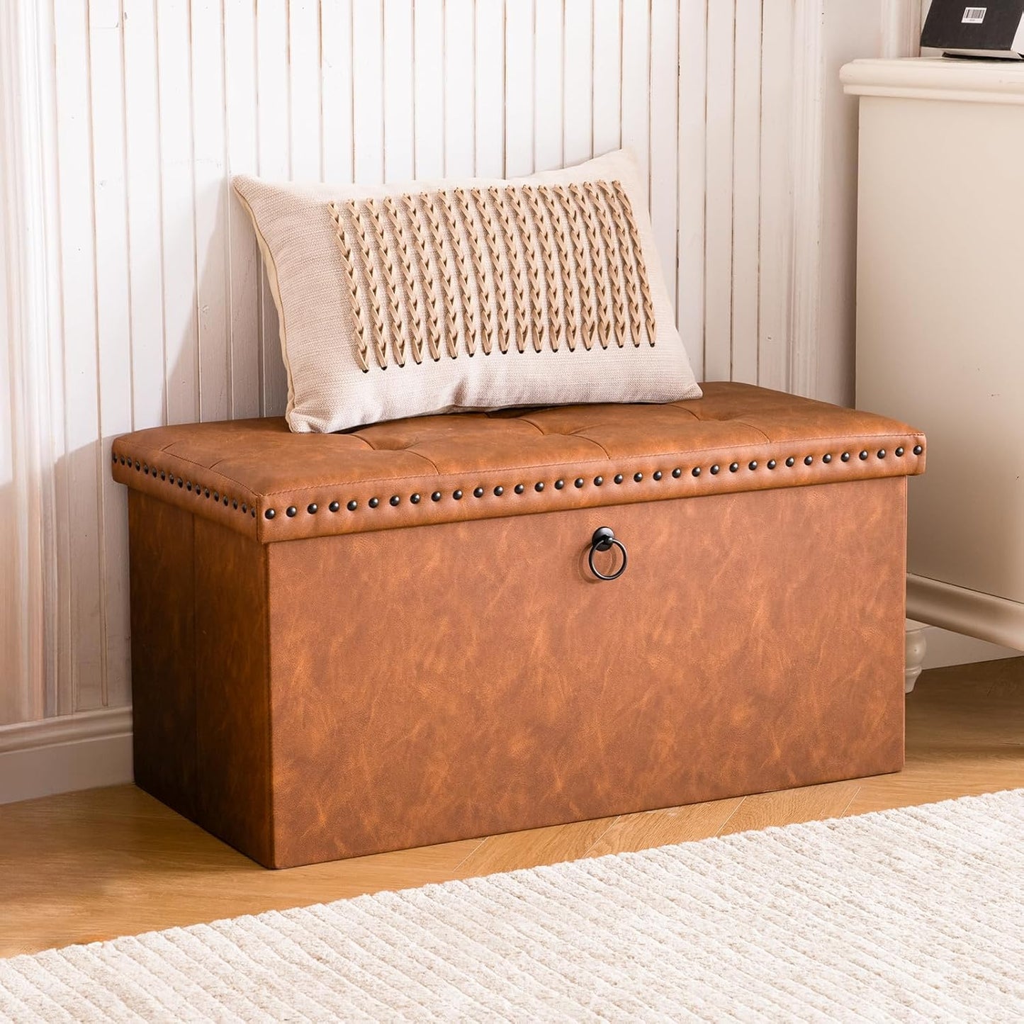 30 Inches Storage Ottoman Bench, Foldable Foot Rest with Rivet Design, 15 X 30 X 15 Inches, End of Bed Bench Footstool, Storage Chest, Load up to 330 Lb, for Living Room, Bedroom, Entryway, Oak Brown