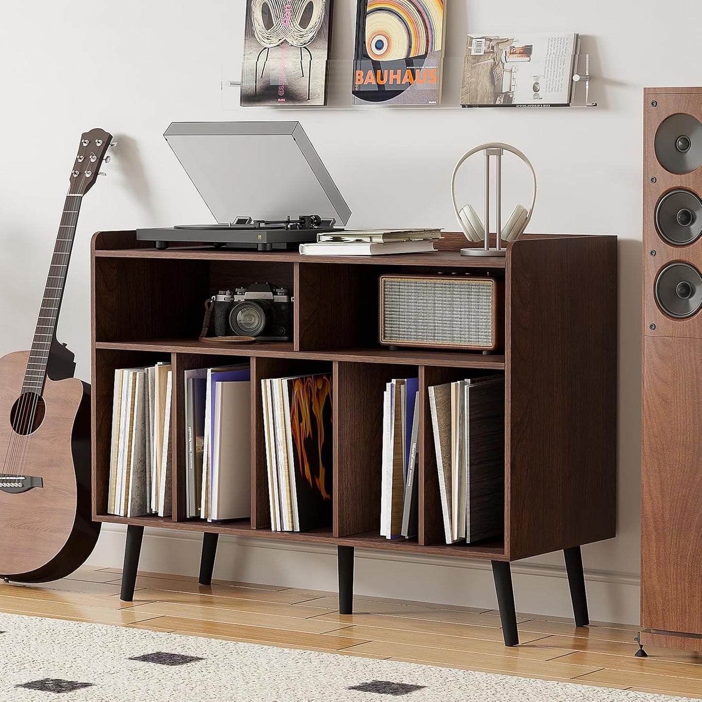 Walnut record player stand with cube vinyl storage, view 9