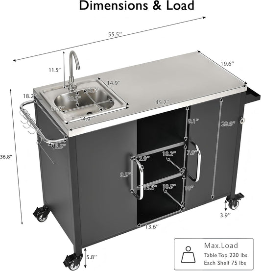 55.5" Outdoor Kitchen Island with Stainless Steel Sink, Outdoor Bar Cart Sink Station with 4 Lockable Wheel for Pizza Prep & BBQ Black