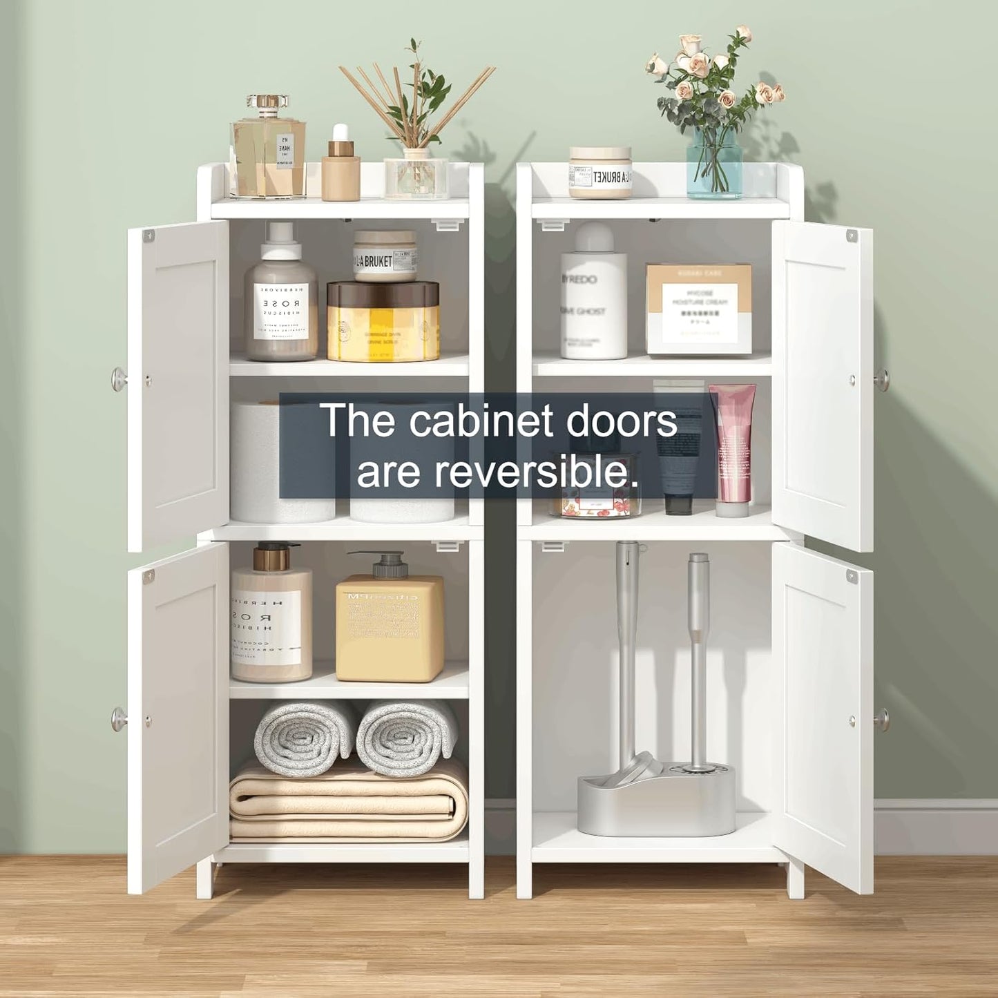Small Bathroom Storage Cabinet, 30" Tall Freestanding Corner Floor Cabinet with opposite Doors & 5 Shelves (2 Adjustable), Narrow Toilet Paper Holder Organizer for Small Spaces, White