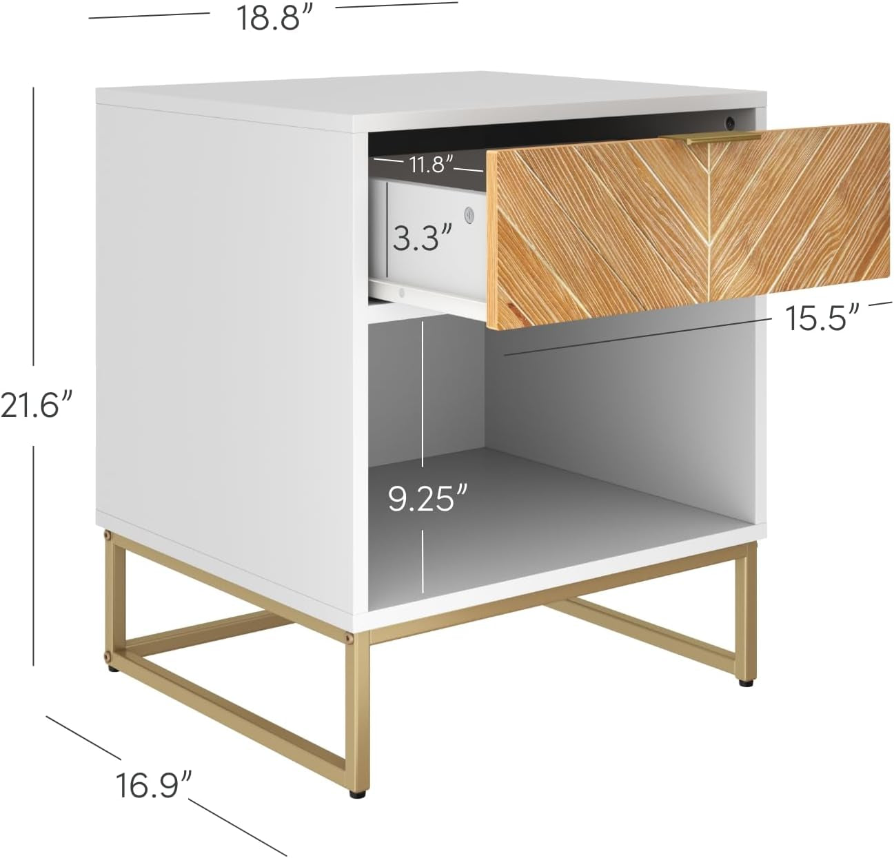 Kensi Nightstand Side Accent or End Table with Storage, White/Gold