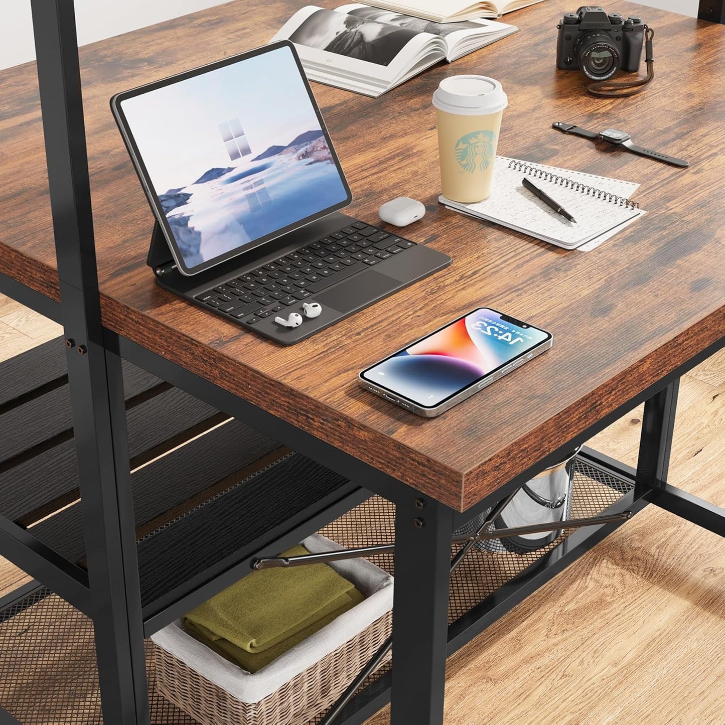 Kitchen Island with Storage, 42''Island Table for Kitchen with Seating Bakers Rack Microwave Oven Stand Shelf with 3 Tier Storage Shelf for Dining Room Living Room, 5 Hooks 42"*28"*72"