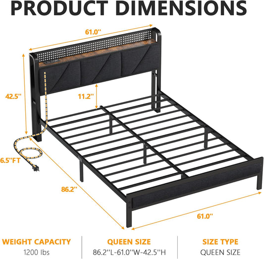 Queen Bed Frame with Headboard and Storage Shelf, LED Light and Charging Station, Metal Platform Bed with Heavy Duty Slats, No Box Spring Needed, Noise Free & Easy Assembly