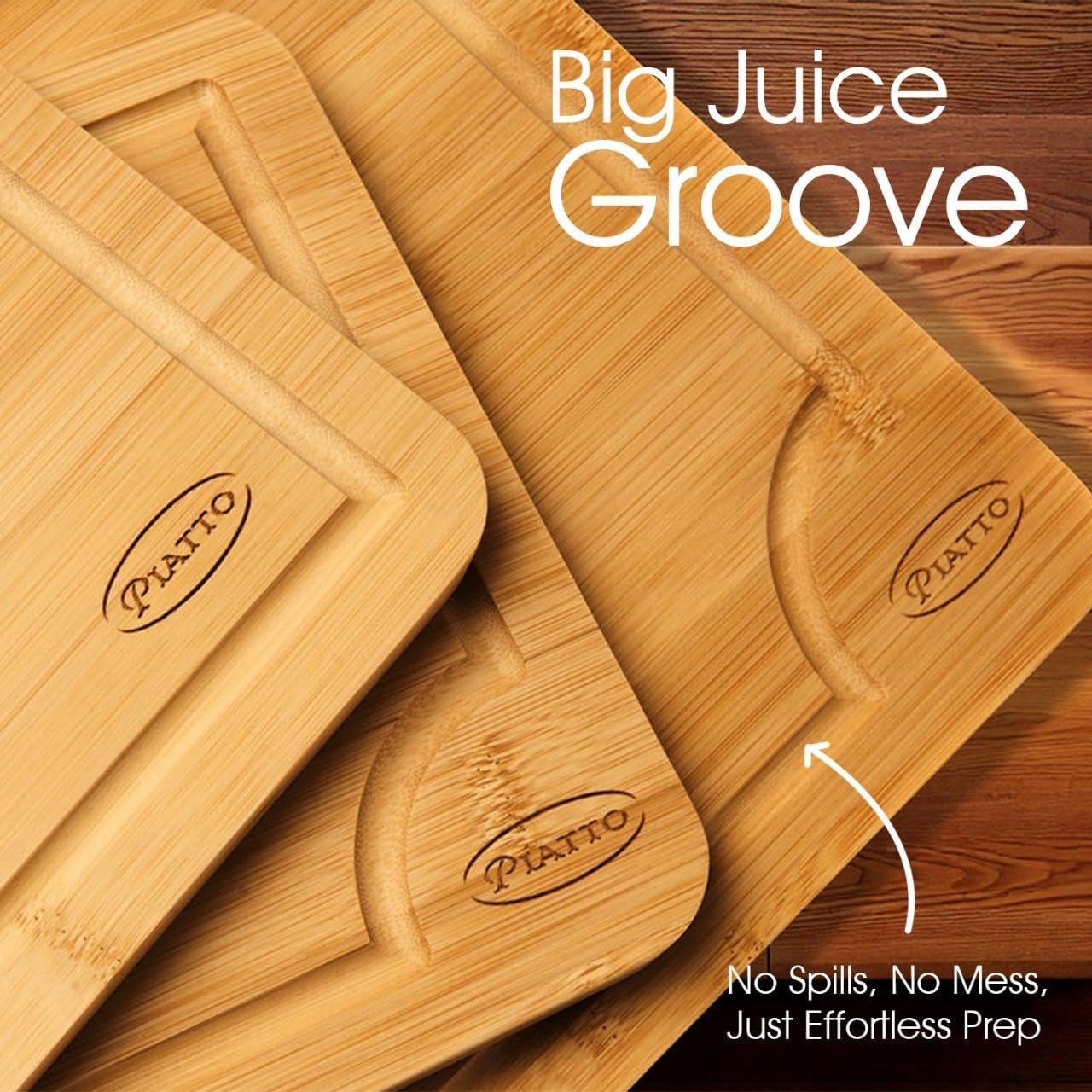 Bamboo Cutting Board for Kitchen (3 Pcs) – Durable Wooden Cutting Board Non Toxic – Chopping Boards for Kitchen with Deep Juice Groove and Built-In Handles, Ideal Charcuterie, Meat, Vegetables