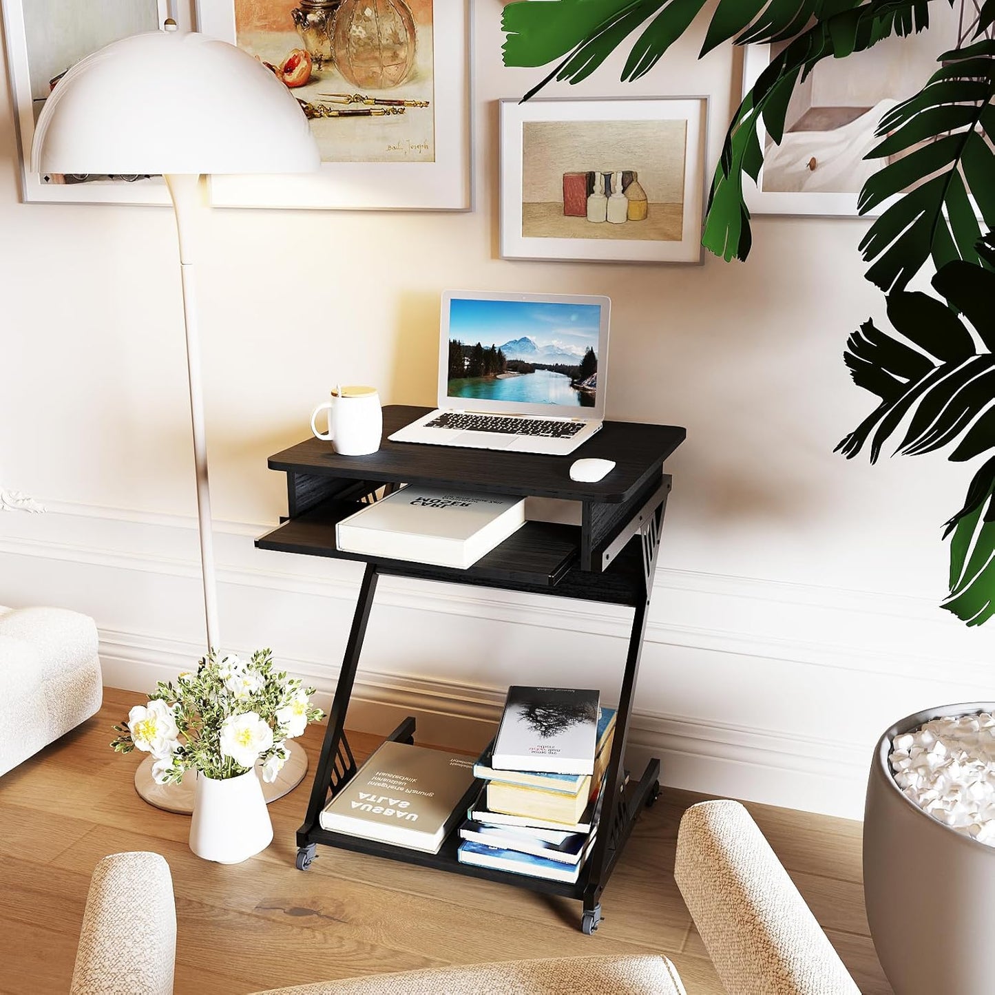 Computer Desk for Small Spaces,23.6" Z-Shaped Compact Study Table with Smooth Keyboard Tray,With Wheels and Bottom Shelves for Home Office,Computer Cart Mobile Laptop Cart