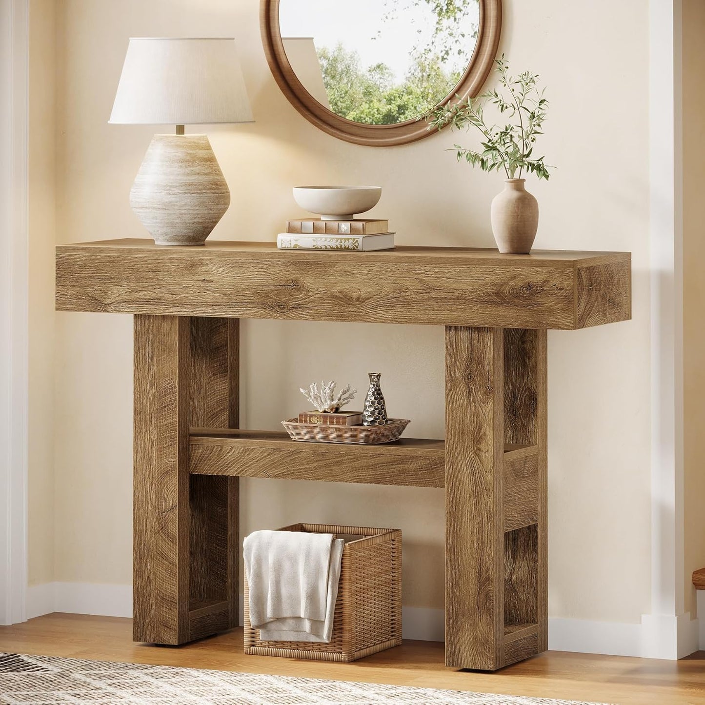 41.34-Inch Farmhouse Console Table, 2-Tier Narrow Sofa Table behind the Couch, Entryway Furniture with Storage Shelves for Hallway Foyer Living Room, Light Brown