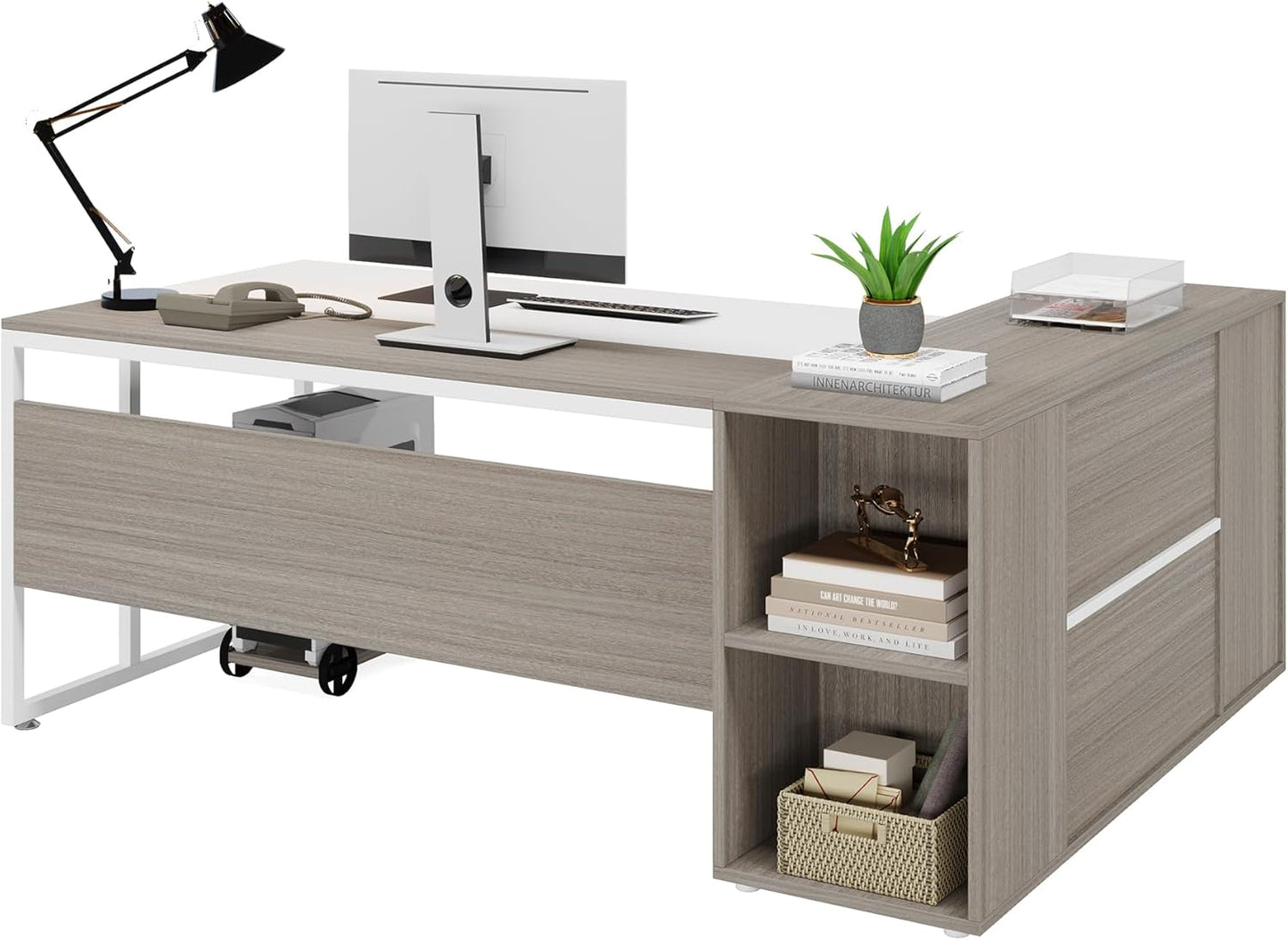 71 Inch Executive Desk, L Shaped Desk with Cabinet Storage, Executive Office Desk with Shelves, Business Furniture Set Workstation for Home Office, Gray and White