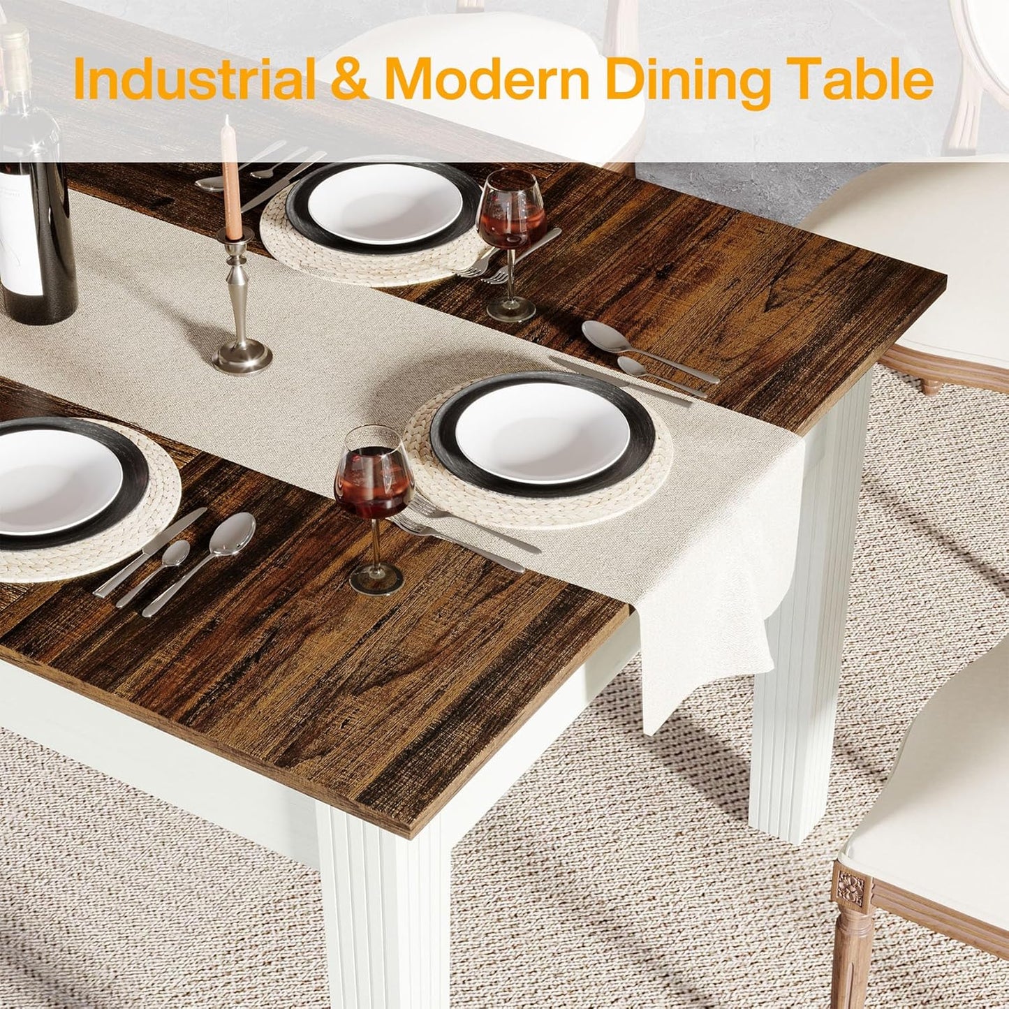 Dining Table for 4-6 People, 62-Inch Rectangular Kitchen Table with Solid Wood Legs, Modern Farmhouse Dinner Table for Dining Room, Kitchen, Living Room, Rustic Brown & Cream White