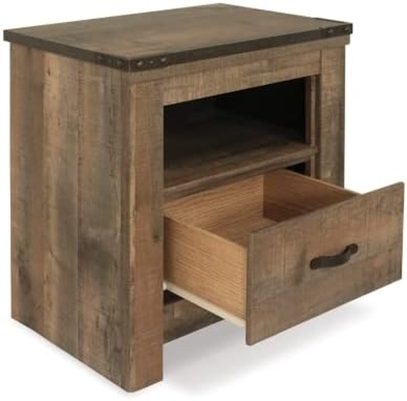 Signature Design by Ashley Trinell Rustic 1 Drawer Nightstand, USB Charing, Storage Cubby, Nailhead Accents, Wood, 24.72" W X 16.18" D X 26.22" H, Warm Brown