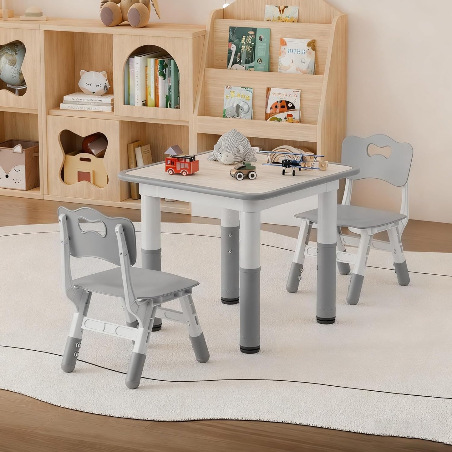 Kids Table and Chairs Set - 23.6" L X 23.6" W Height Adjustable Toddler Desk, Non-Slip Kids Chair with Graffiti Desktop for Ages 2-8, for Home Preschool Classroom Daycare, Grey
