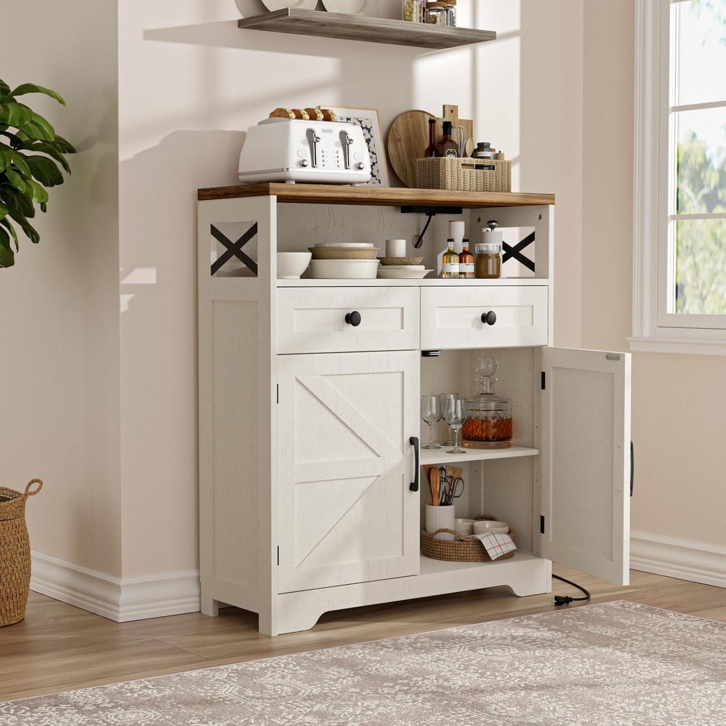 31.5" White Storage Cabinet with Doors and Drawers, Farmhouse Sideboard Buffet Cabinet with Storage, Kitchen Pantry Hutch, Coffee Bar Table Station for Kitchen, Livingroom, Dining Room