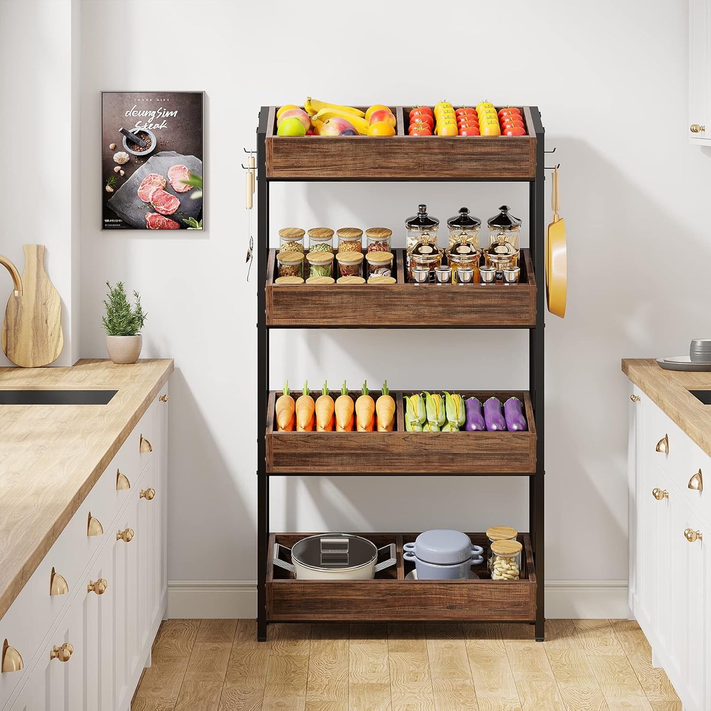 Wood Fruit and Vegetable Basket Stand Rack for Kitchen, Office, Store, Supremarket, Pantry Shelf Unit for Snacks, 4-Tier Wooden Utility Storage Shelves (Brown+Black)
