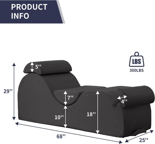 Sleek Chaise Lounge Chair for Exercise, Indoor Lounger with Headrest, Waist Cushion, Movable Footrest, Side Pockets, Non-Slip Bottom, High Density Sponge, Dark Grey