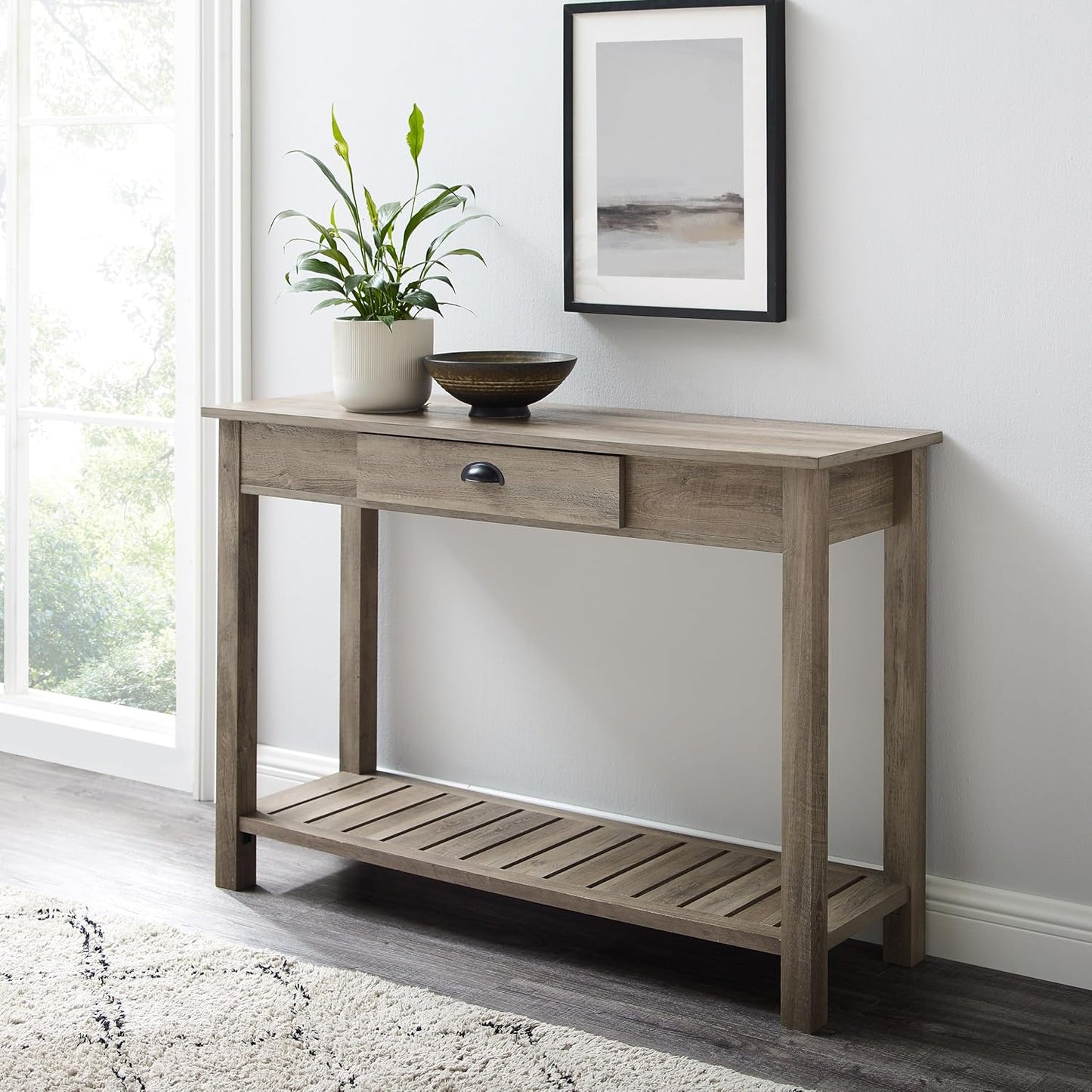 Rustic Wood Farmhouse Entryway Accent Table with Storage Drawer Entry Table Living Room End Table, 48 Inch, 32" H X 48" L X 16" W, Grey