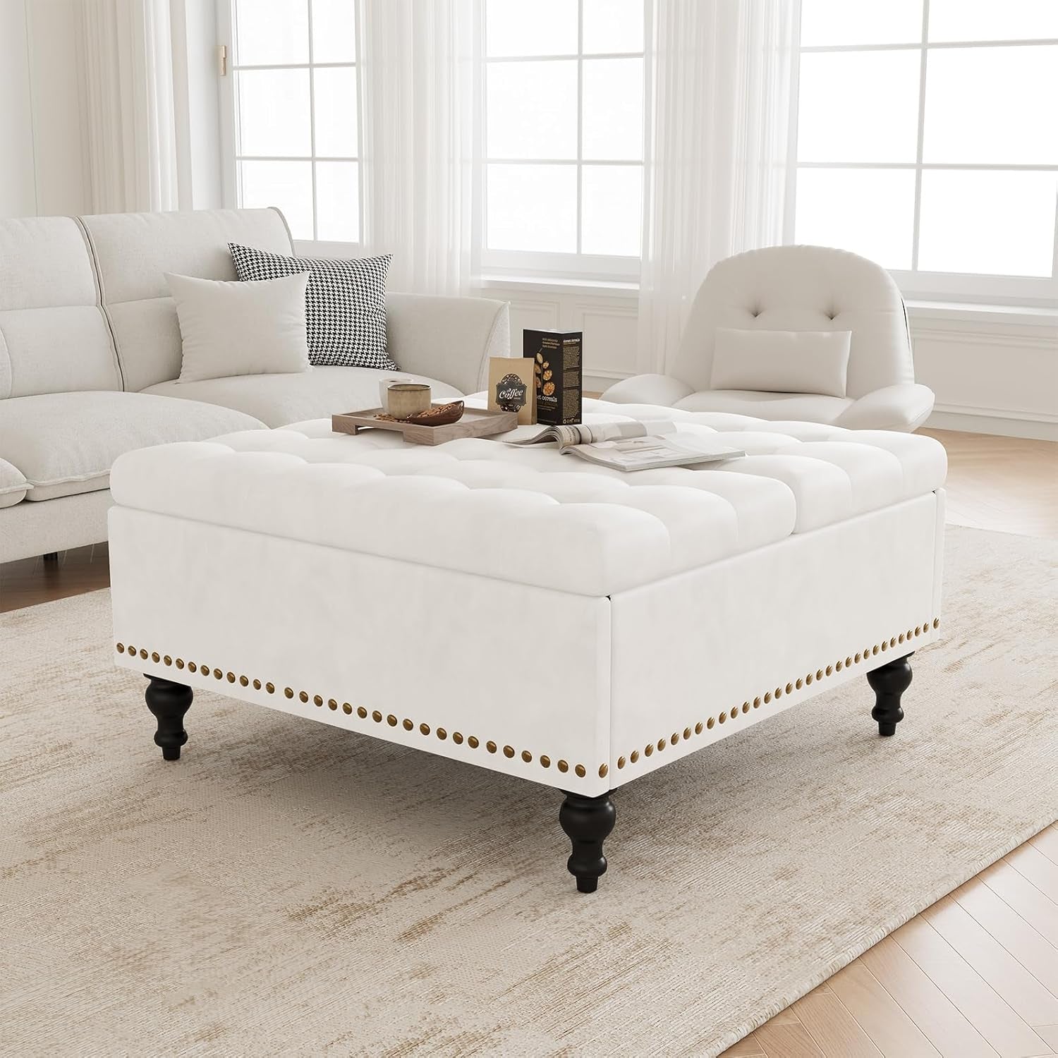 Versatile Lift-Top Ottoman Coffee Table, Multi-Function Storage Bench and Foot Rest in Leather for Living Room or Bedroom, Easy-To-Assemble, White