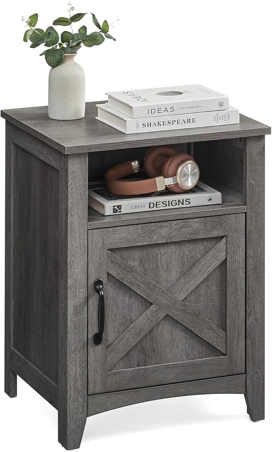 LIRY Collection - Farmhouse Nightstand with Barn Door, Bedside Table with Storage, Side End Table, Night Stand, Open Compartment, for Bedroom, Misty Gray ULET609G68