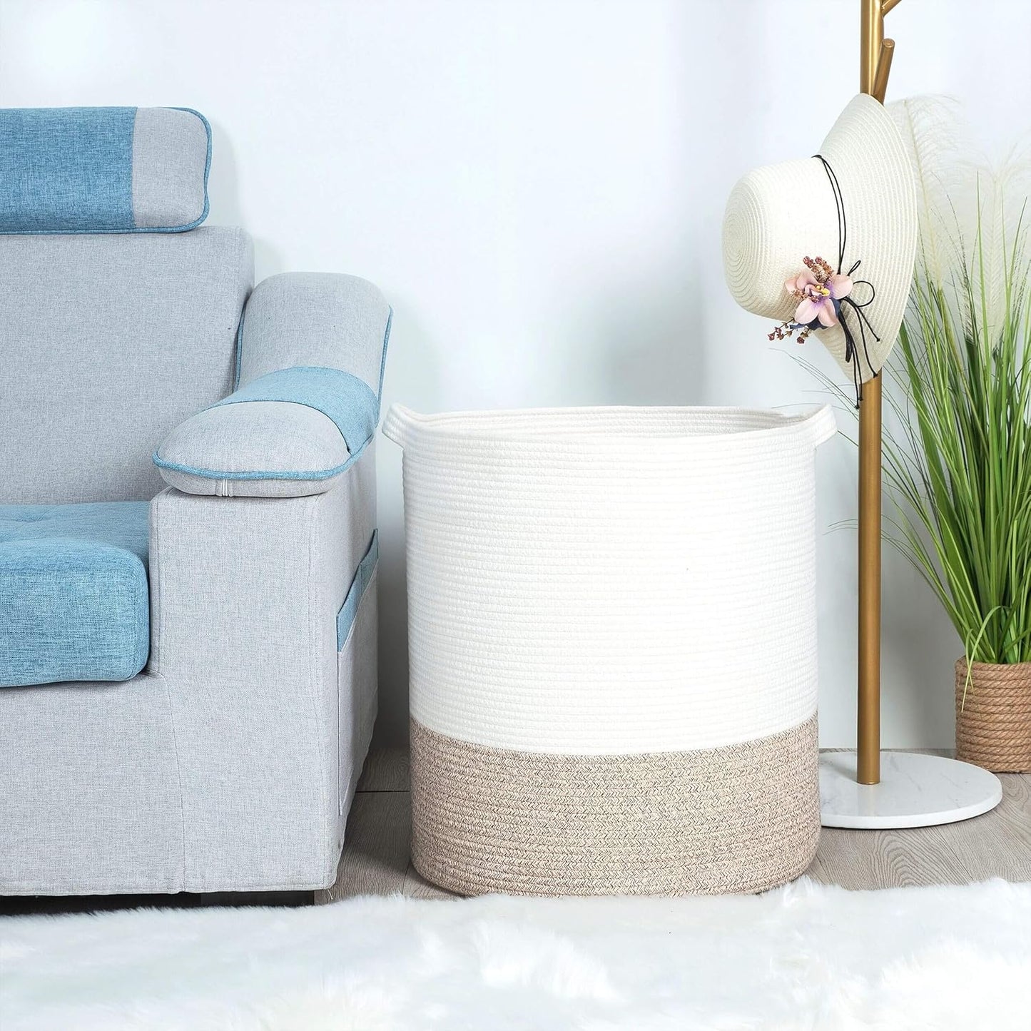83L Extra Large 20X18 Inches Decorative Woven Cotton Rope Basket, Tall Laundry Basket Hamper, Blanket Basket for Living Room, round Storage Baskets for Pillows, Towels, Light Brown