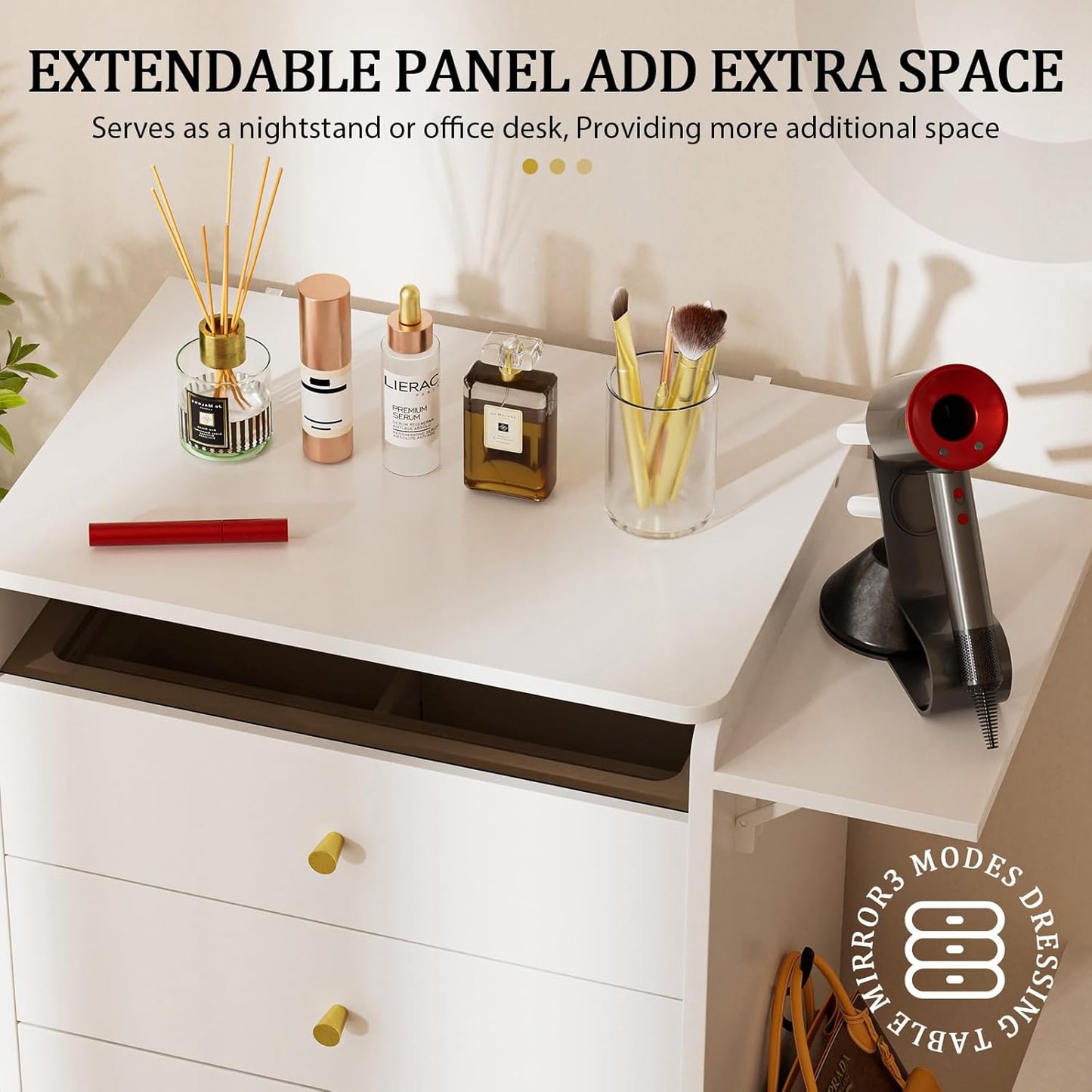 Makeup Vanity Desk with Mirror and Lights, Small 3 in 1 Vanity Table with Visible Glass Top, Flip Top & 3 Drawers, Compact Dresser with Storage Stool for Bedroom, Office or Nightstand