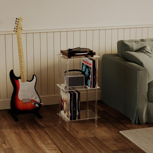 Acrylic Record Player Stand, Turntable Stand with Vinyl Record Storage, Tall Side Table/End Table for Living Room, Bedroom, 3-Tier, Modern, 15.7" L X 11.8" W X 30.8" H, Clear