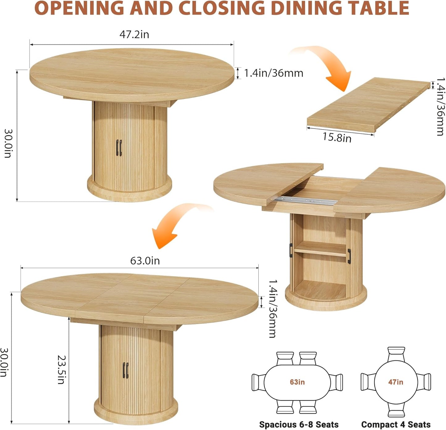 Dining Table for 4-6,63“Extendable round Kitchen Dining Room Table with 2-Tier Storage Shelf, Space Saving Expandable Wood Oval Circle Dinner Furniture with Pedestal Base (Natural)