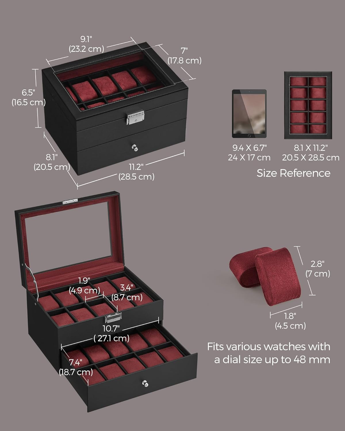 Watch Box, 20-Slot Watch Case Organizer with Large Glass Lid, Removable Pillows, Metal Lock, Gift for Loved Ones, Black Synthetic Leather, Wine Red Lining UJWB020R01