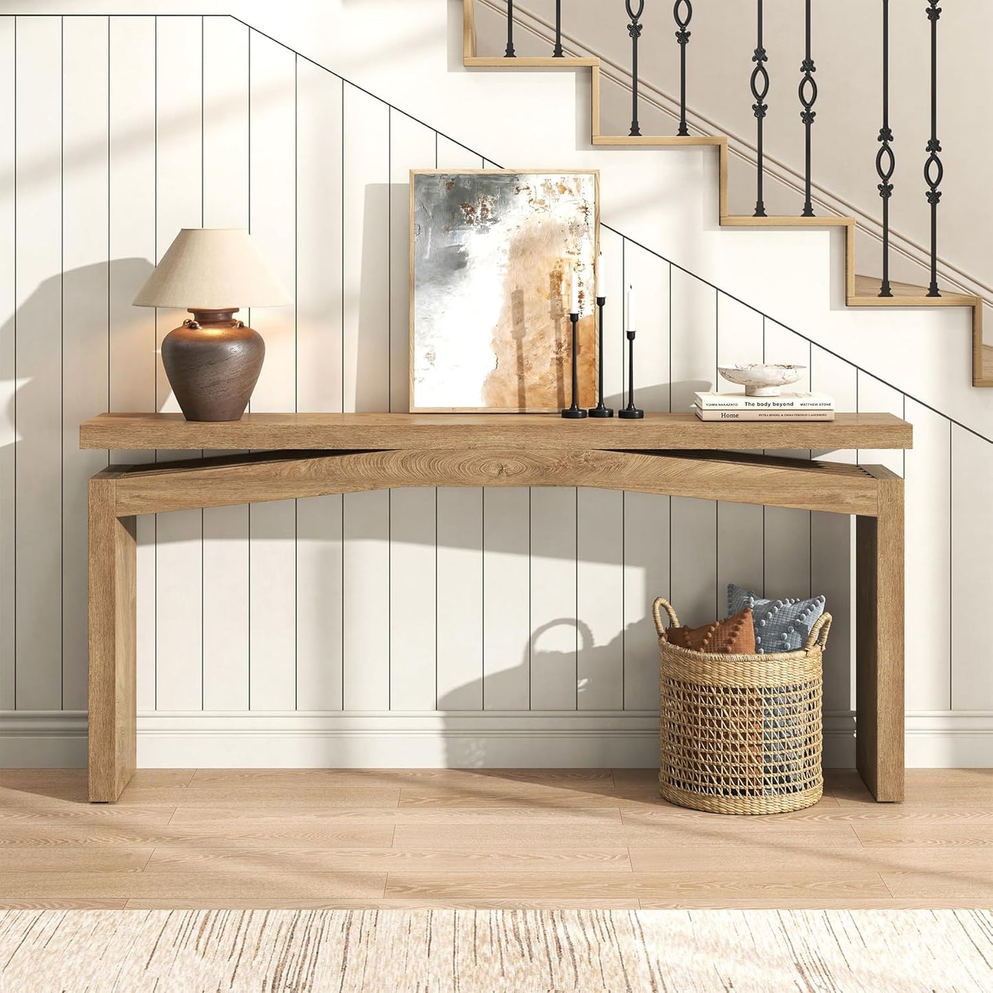 Natural brown long wooden farmhouse console table, view 8