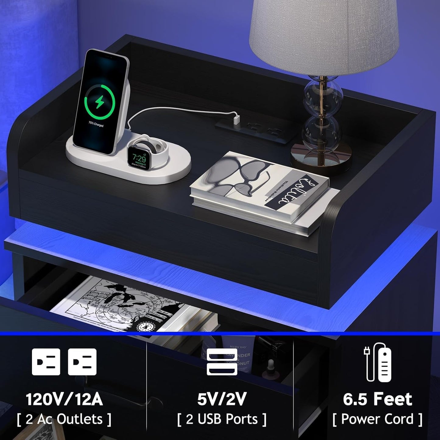 Black Nightstand with Charging Station, Bedside Table for Bedroom, LED Nightstand, Modern Night Stand with Drawers, Black