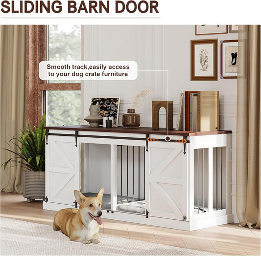 Dog Crate Furniture - Indoor Wooden Dog Kennel with Room Divider and Double Sliding Barn Doors - 71”X23.6”X31.5”H, White