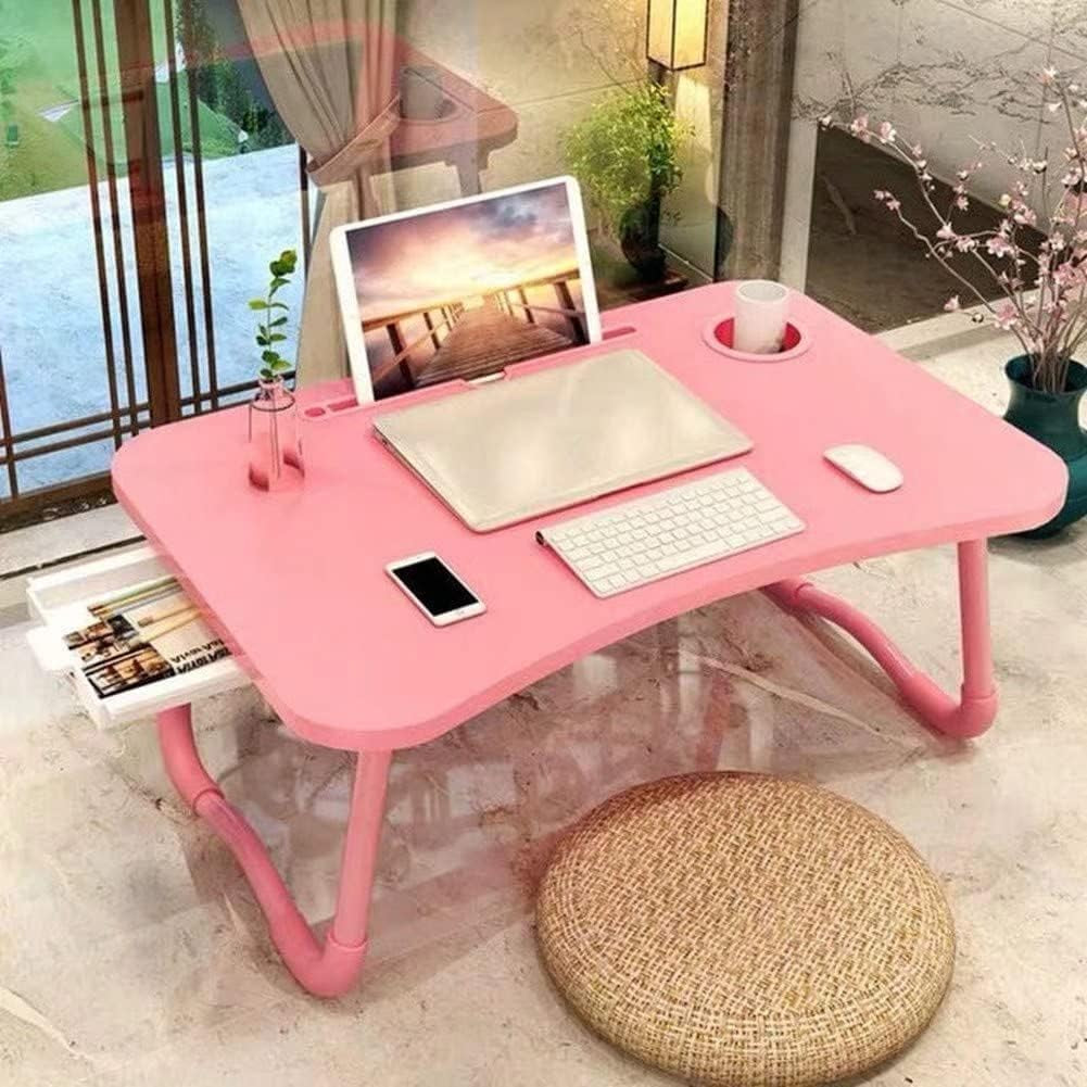 Pink foldable laptop bed tray table with storage drawer and cup holder, view 8
