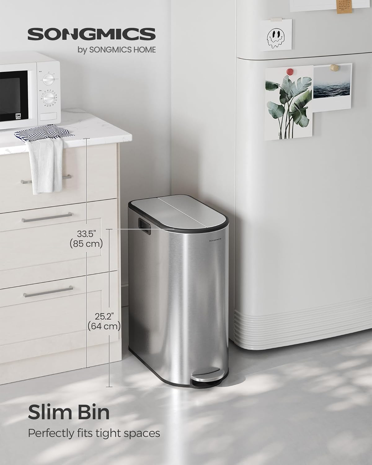 13-Gallon Dual Kitchen Trash Can, 5.3 and 8 Gallon Compartments, Garbage Can with Wing Lids, Stainless Steel, Soft Close, Inner Buckets, Metallic Silver ULTB570E50
