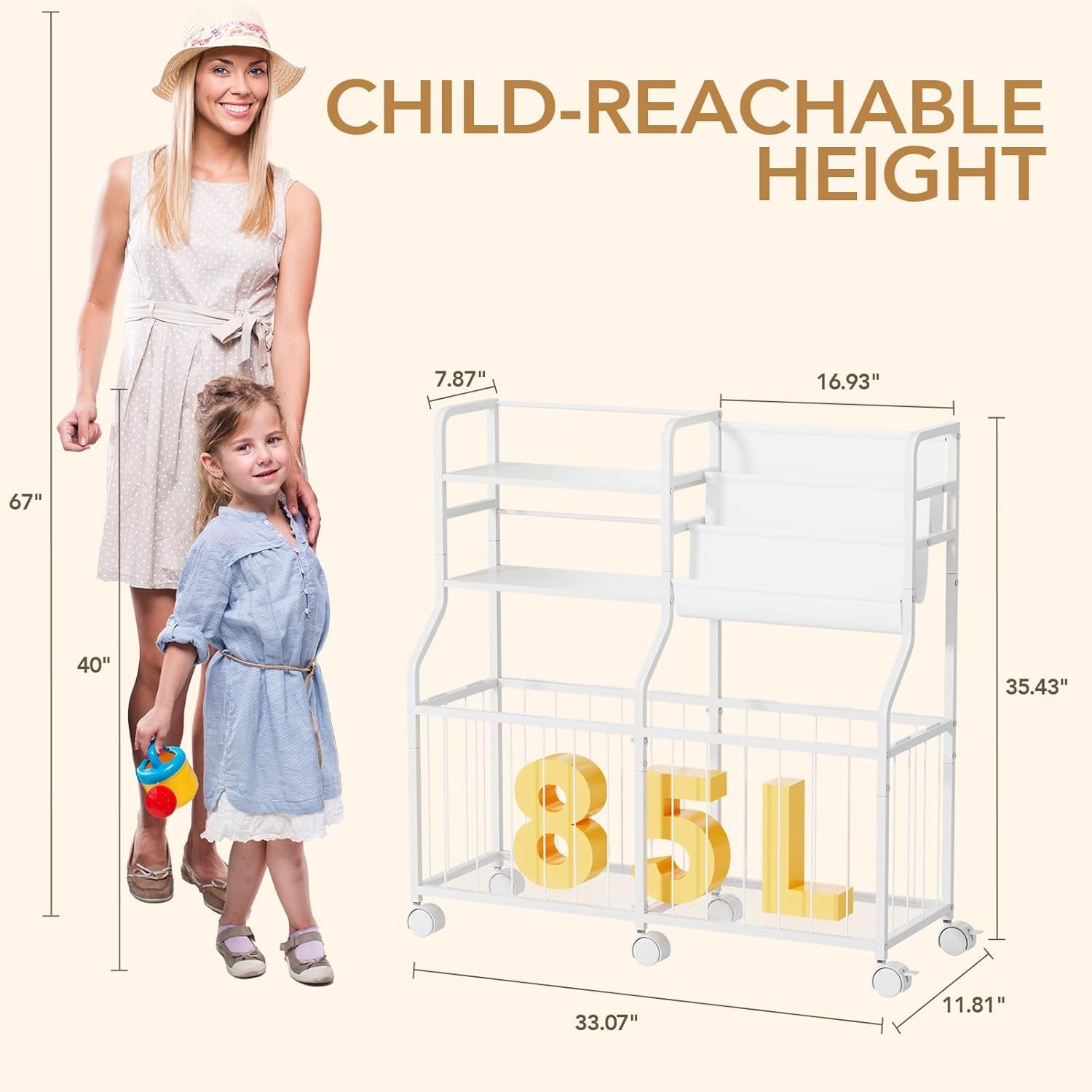 Stuffed Animal Storage Organizer - Rolling Kids Bookshelf and Toy Storage with 3 Tiered Book Display and Toy Chest - Rolling Furniture for Kids Room, Playroom, Bedroom, Nursery, White