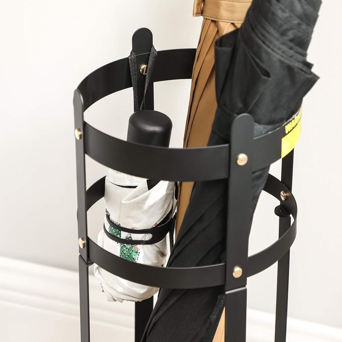 Matte black steel round umbrella stand with drip tray, view 9