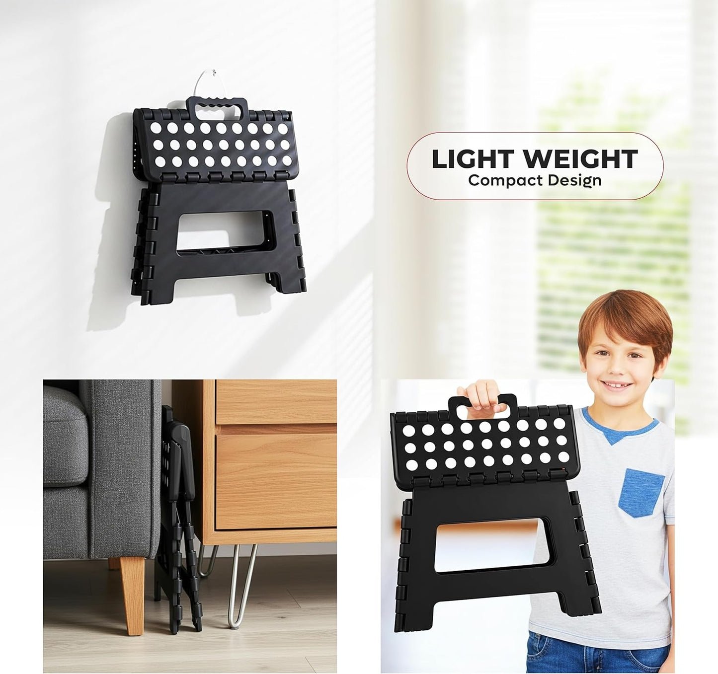 Folding Step Stool with Handle - (Pack of 1) Anti-Slip Foot Stool with 9 Inch Height - Holds up to 300 Lbs - Sturdy Plastic Foldable Step Stool for Kitchen, Bathroom & Living Room (Black)