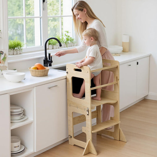 Toddler Standing Tower for 12M+, Montessori Foldable Learning Standing Tower with Blackboard, Anti-Tip Structure Design,Wooden Kitchen Step Helper Stool for 1-3 Year Old Boy Girl Gift