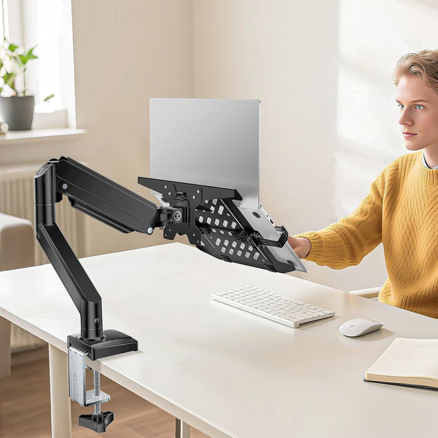 Laptop Desk Mount, 2-In-1 Monitor Mount with Adjustable Laptop Tray, Fits Max 17" Notebook and 34" Computer Screen, Max Holds 22-26.4 Lbs, Single Monitor Laptop Stand for Desk (GSMP001NLP), Black