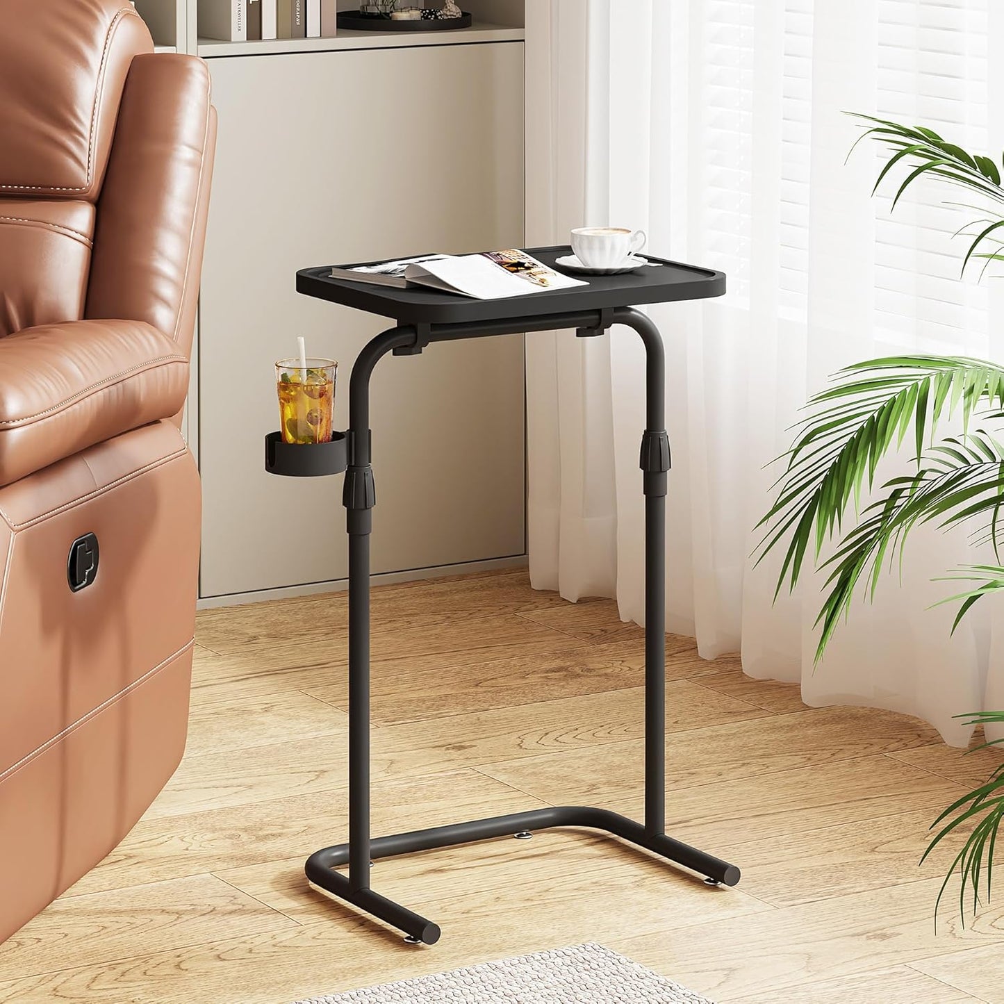 C Shaped End Table with Tiltable Surface, Adjustable Height Side Table, Slide under Couch Table TV Tray for Eating, Sofa Tray for Livingroom, Bedroom White TB01BW091
