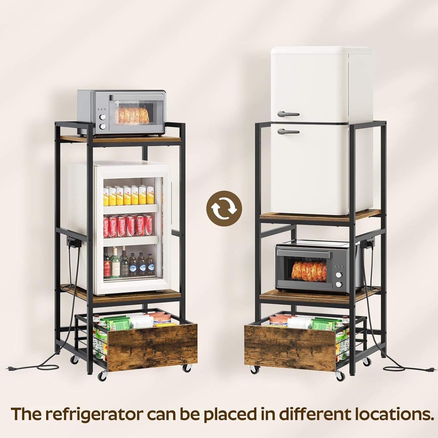 Mini Fridge Stand with Movable Drawer, Microwave Stand with Power Outlet, Mini Fridge Shelf with Adjustable Shelves, Kitchen Bakers Rack for Dorm, Dining Room, Home, Rustic Brown HB05UBR