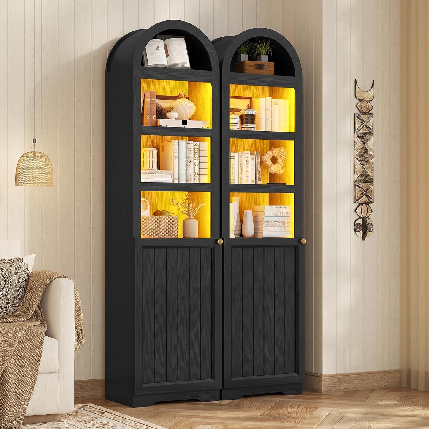 72" Tall Arched Narrow Bathroom Storage Cabinet with Lights, Slim Storage Cabinet with Adjustable Shelves for Small Spaces, Farmhouse Style (Tan)