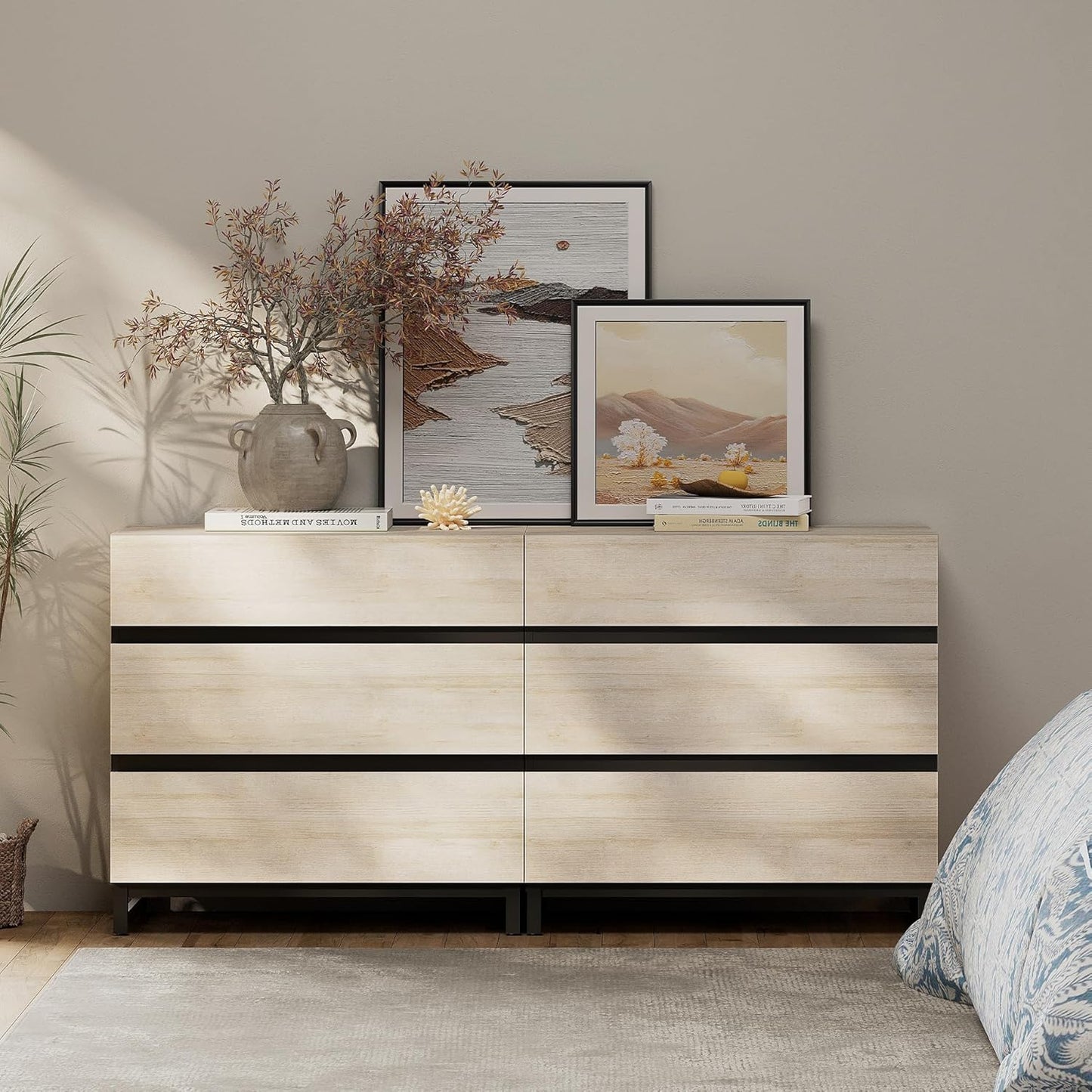 Dresser and Nightstand Set of 3, 63 Inches Dresser with 6 Drawers, 2 Nightstand with Drawer and Cabinet for Bedroom, Bedroom Furniture Set, Light Oak