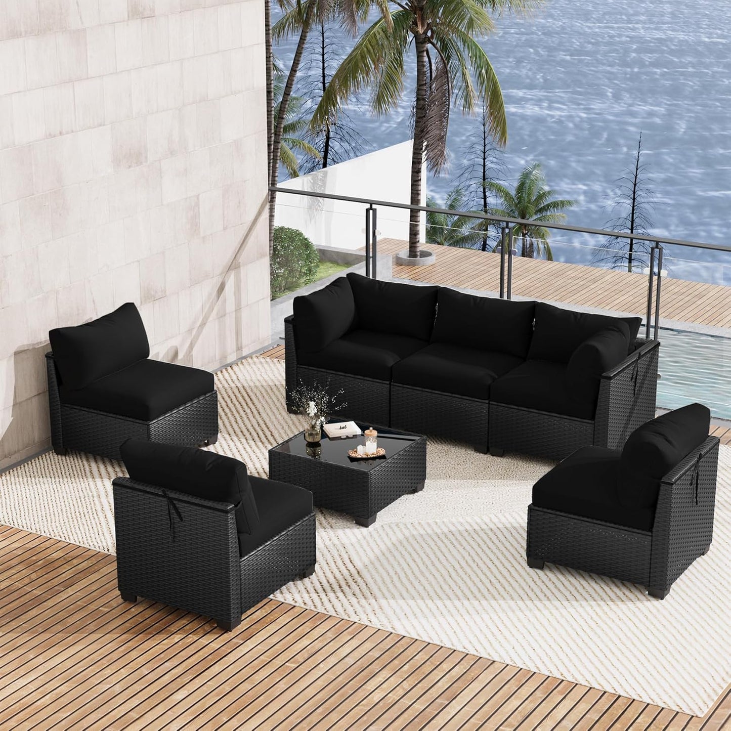 7 Piece Outdoor Patio Furniture Set, Outdoor Sectional Sofa, Wicker Rattan Patio Furniture, Patio Conversation Set with Coffee Table & Cushions