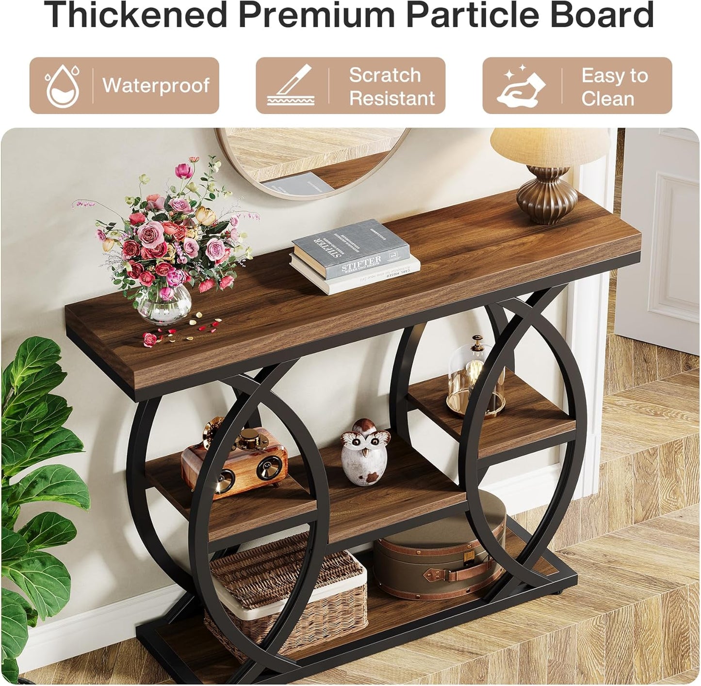 39.4" Console Table, Industrial 4-Tier Sofa Table Entryway Table with Storage Shelves, Narrow Wood Accent Tables with Metal Frame for Small Spaces, Hallway, Foyer, Rustic Brown
