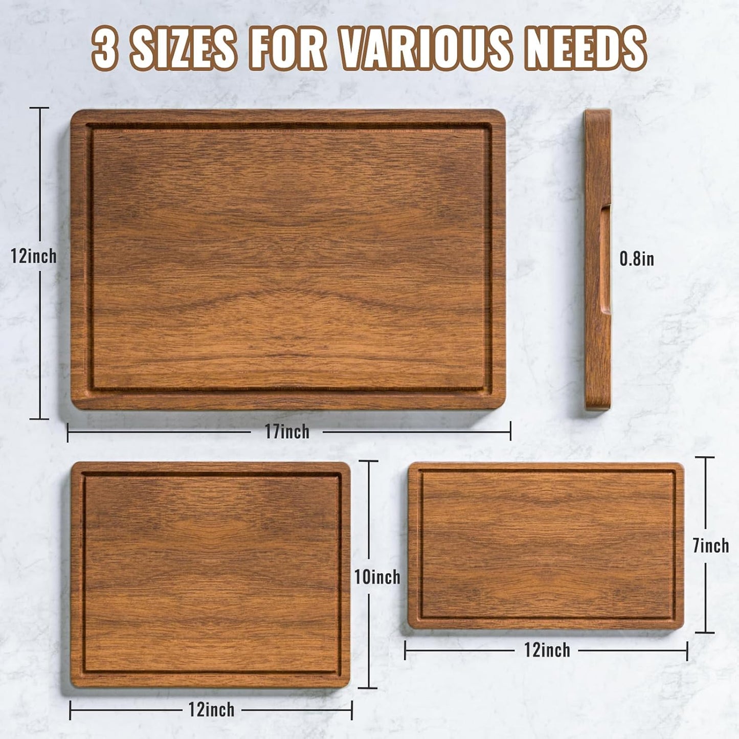 Acacia Wood Cutting Boards Set of 3 for Kitchen, Large Wooden Cutting Board with Juice Groove, Charcuterie Board, Chopping Board for Meat, Cheese, Fruits(17X12, 12X10, 12X7 Inch)