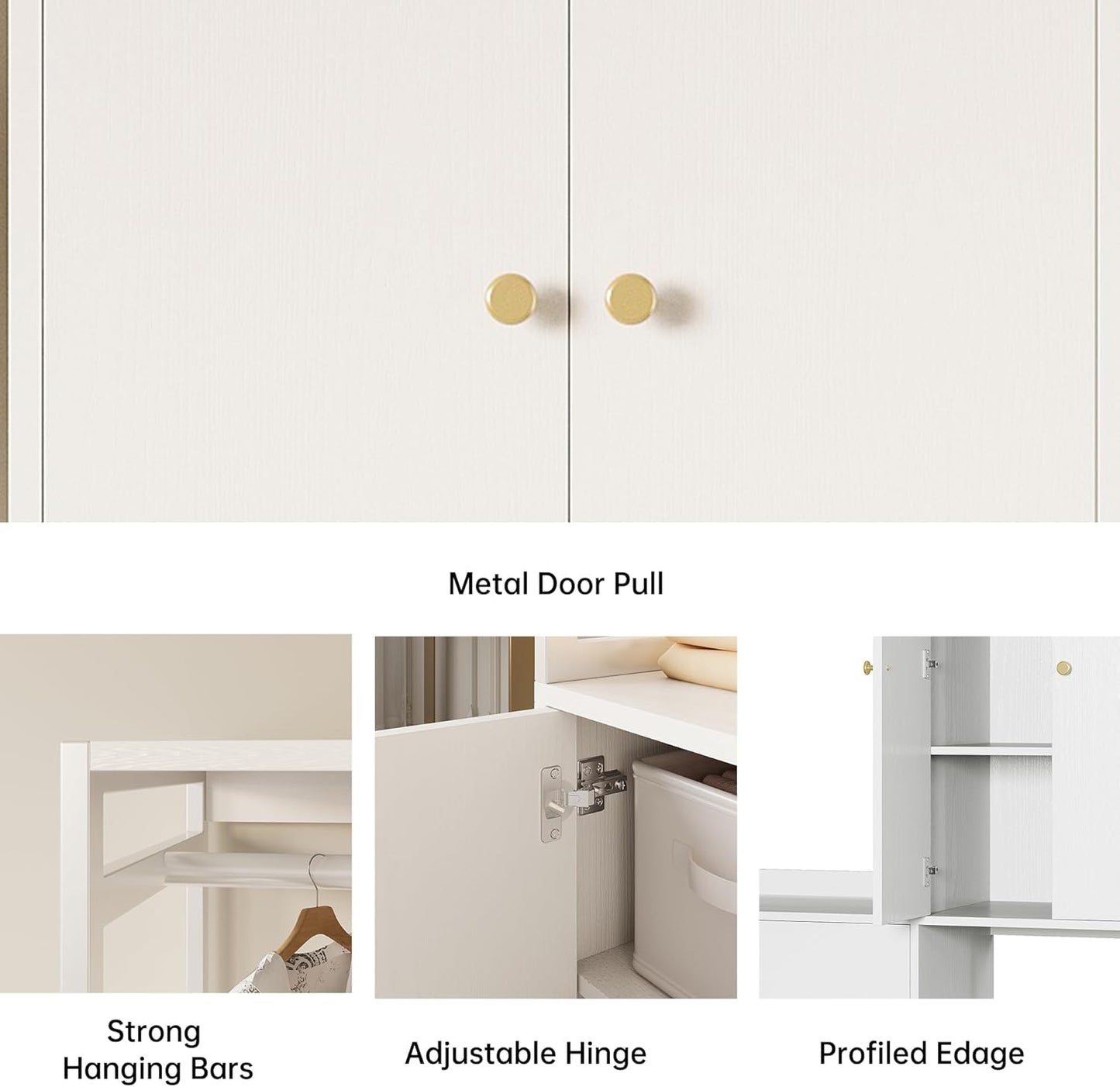 Wardrobe Closet, White Cabinet with Shelves, Large Armoire Clothing Storage with Hanging Rod for Bedroom, Living/Laundry Room