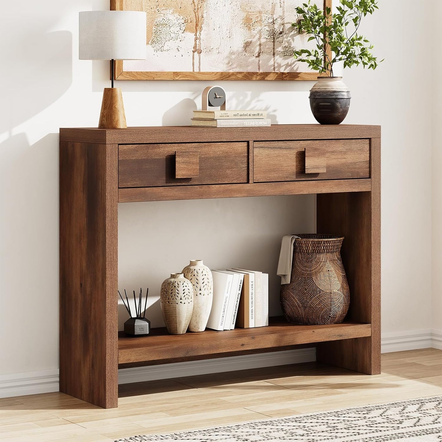 Console Table with Drawers, 40 Inch Narrow Entryway Table with Open Storage Shelves, Mid Century Modern Hallway Accent Tables behind Couch Table for Living Room (Black Smoky)