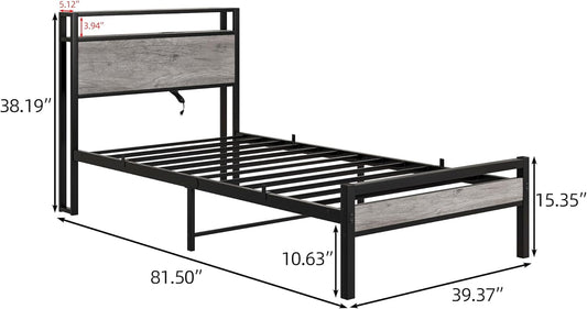 Twin Bed Frame with Storage Headboard, Metal Platform Bed with Charging Station, No Box Spring Needed, Heavy Duty Metal Slats Support, Dark Grey