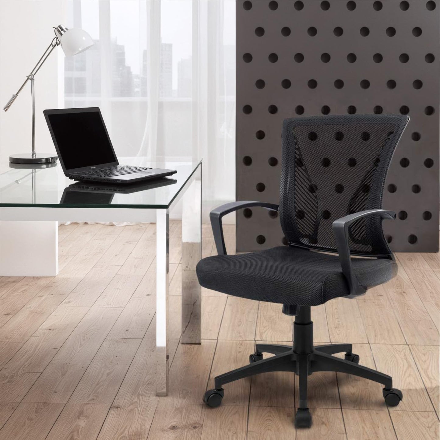 Office Chair Ergonomic Computer Desk Mesh Chair Mid Back Swivel Lumbar Support with Armrest (1, Black)