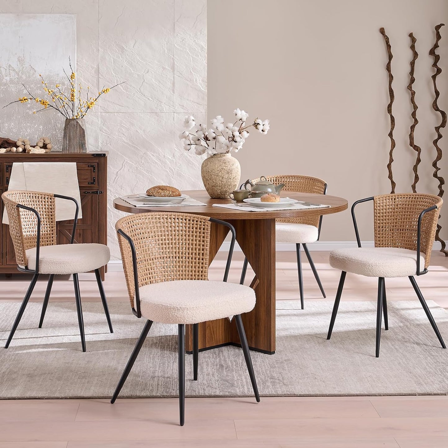 Rattan Dining Chairs Set of 4 - Farmhouse Upholstered Cane Back Kitchen Chair with Boucle Cushion, Wingback Dining Room Seat with Metal Legs for Home, Kitchen (Brown)