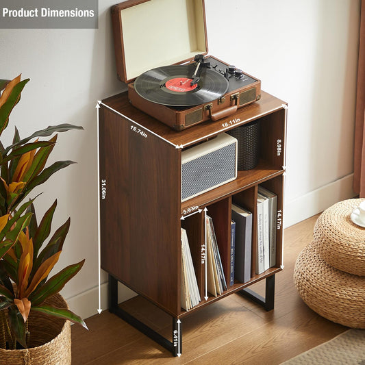 Record Player Stand with Vinyl Storage Cabinet, Turntable Table for Albums & Lps - Modern Media Console | Furniture for Living Room, Bedroom & Office | Dark Walnut