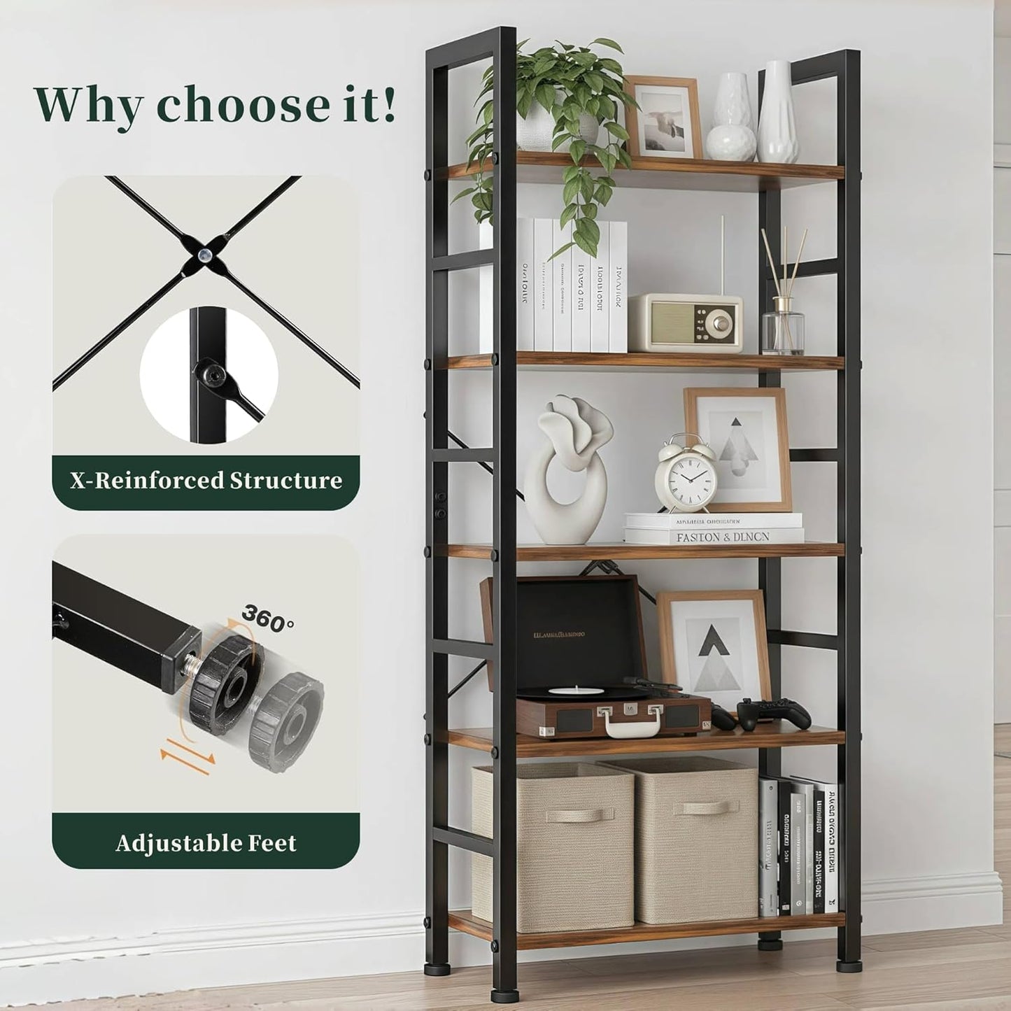 5 Tier Bookshelf, Modern Brown Book Shelves, Tall Bookcase Organizer, Wooden Shelf with Metal Frame Display Shelves, Free Standing Storage Shelving Unit for Living Room, Bedroom, Home Office