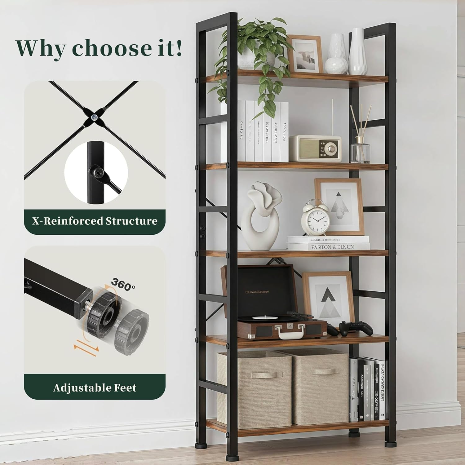 5 Tier Bookshelf, Modern Brown Book Shelves, Tall Bookcase Organizer, Wooden Shelf with Metal Frame Display Shelves, Free Standing Storage Shelving Unit for Living Room, Bedroom, Home Office